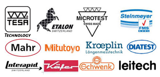 Herstellerlogos von TESA, Etalon, Microtest, Steinmeyer, Mahr, Mitutoyo, Kroeplin, Diatest, Interapid, Käfer, Schwenk und Leitech