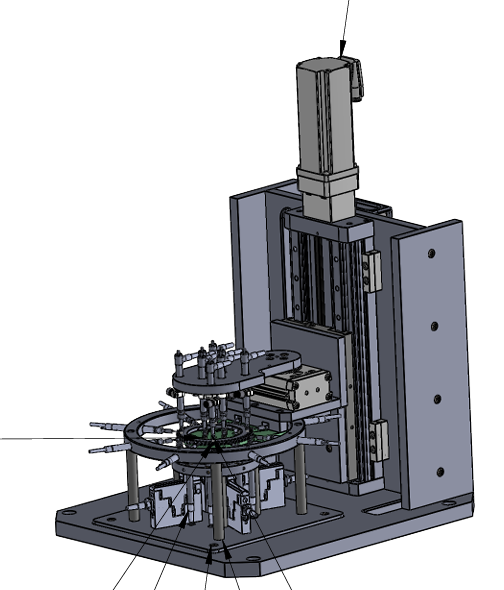 CAD-Konstruktion einer kompakten Sondermessanlage mit mehreren Messpositionen